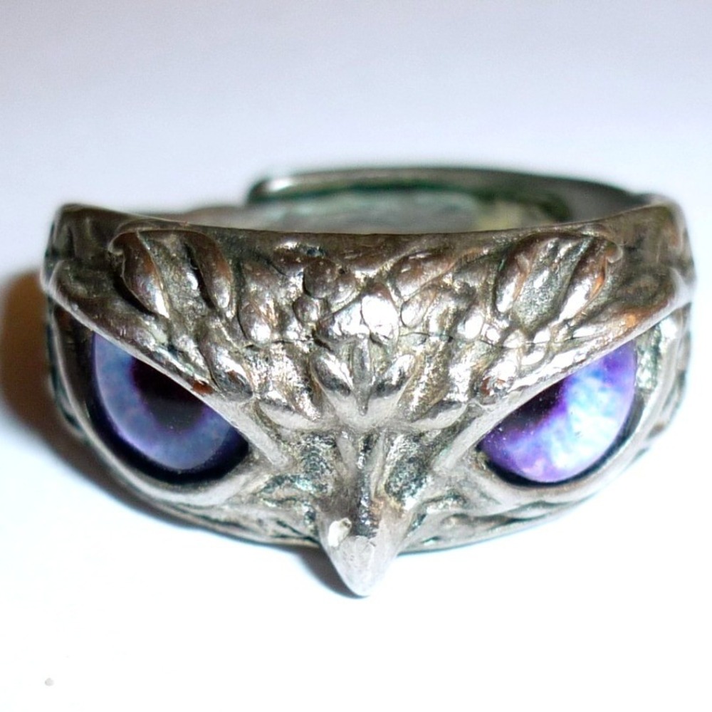 Vintage S925 Gothic Owl Face Ring Purple Cat Eye Pupil Adjustable Statement Band